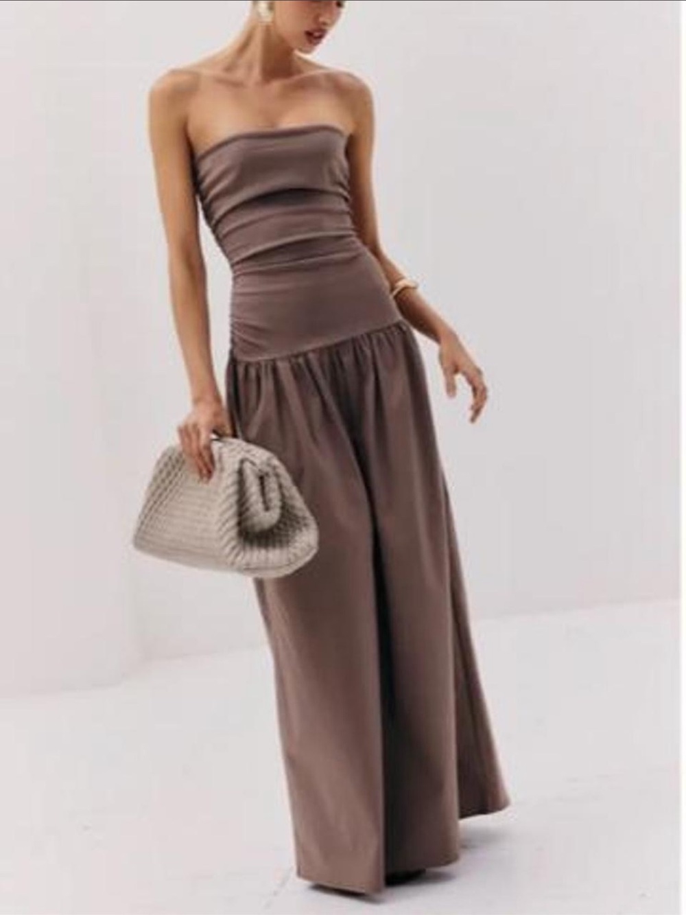 Pretty Little Thing PLT TAUPE STRETCH WOVEN BANDEAU RUCHED MAXI DRESS